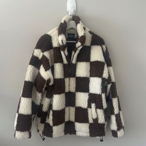 ZARA Brown and Cream Checkered Oversized Jacket - S/M